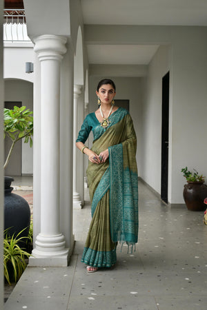 Mehendi Soft Tussar Silk Ikkat Printed Saree with Blouse