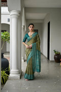 Mehendi Soft Tussar Silk Ikkat Printed Saree with Blouse