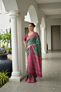 Bottle Green Soft Tussar Silk Ikkat Printed Saree with Blouse