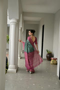 Bottle Green Soft Tussar Silk Ikkat Printed Saree with Blouse