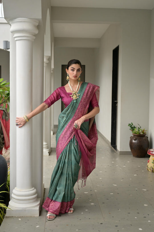 Bottle Green Soft Tussar Silk Ikkat Printed Saree with Blouse