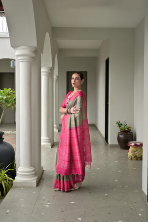 Pista Green Soft Tussar Silk Ikkat Printed Saree with Blouse