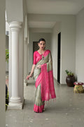 Pista Green Soft Tussar Silk Ikkat Printed Saree with Blouse