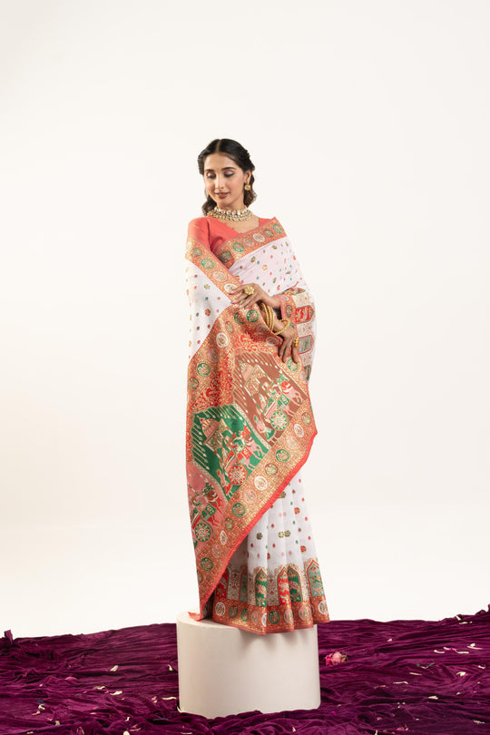 White Banarasi Pashmina Soft Silk Zari Woven Saree with Blouse