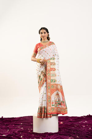 White Banarasi Pashmina Soft Silk Zari Woven Saree with Blouse