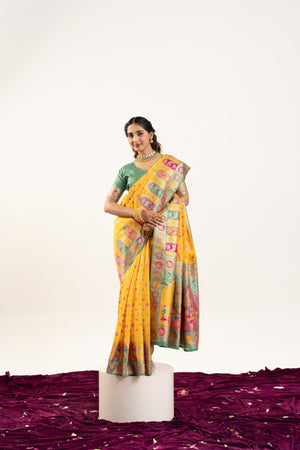 Yellow Banarasi Pashmina Soft Silk Zari Woven Saree with Blouse