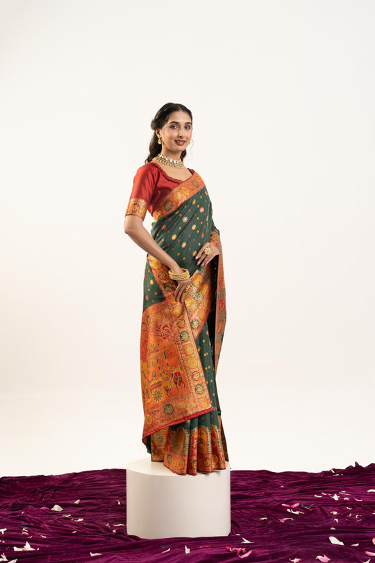 Bottle Green Banarasi Pashmina Soft Silk Zari Woven Saree with Blouse