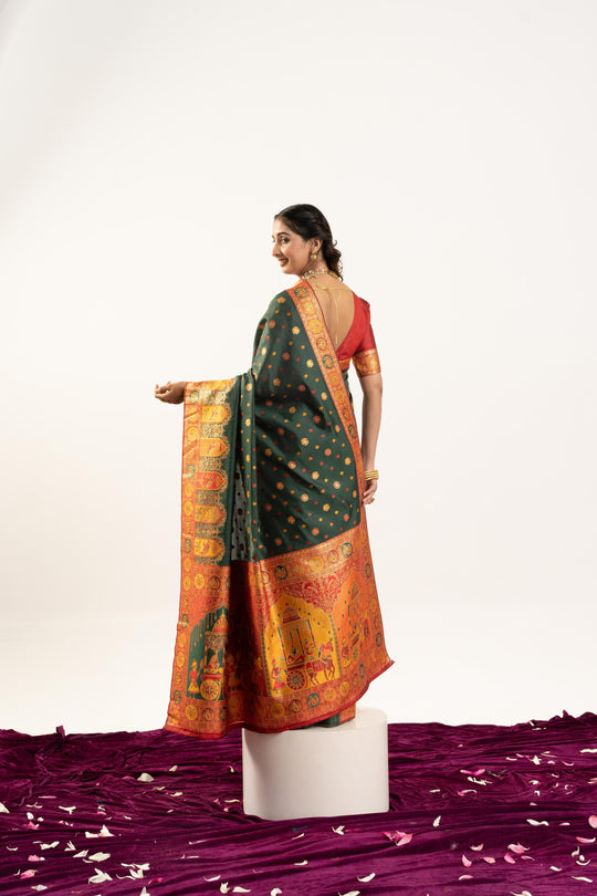 Bottle Green Banarasi Pashmina Soft Silk Zari Woven Saree with Blouse