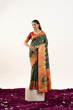 Bottle Green Banarasi Pashmina Soft Silk Zari Woven Saree with Blouse