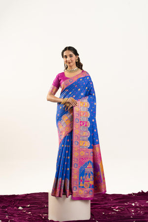 Blue Banarasi Pashmina Soft Silk Zari Woven Saree with Blouse