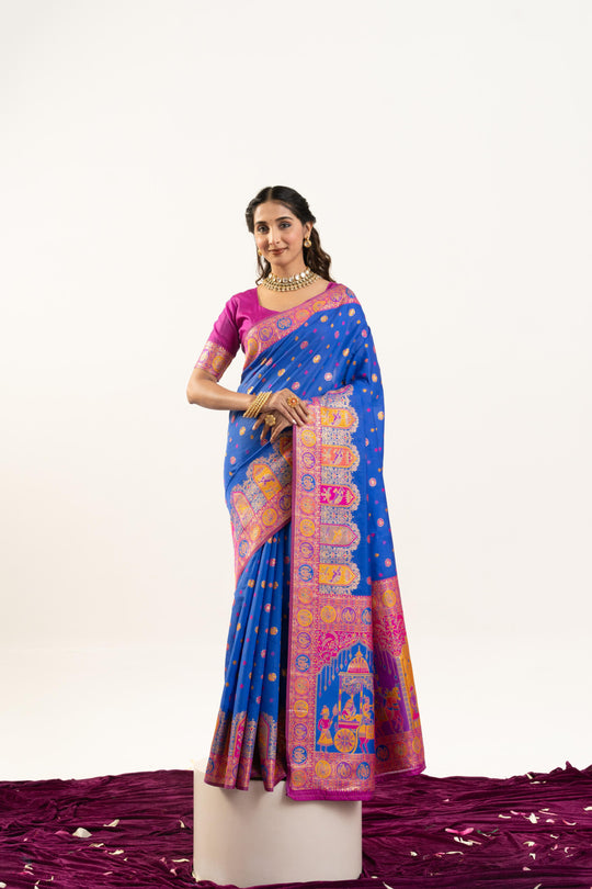 Blue Banarasi Pashmina Soft Silk Zari Woven Saree with Blouse