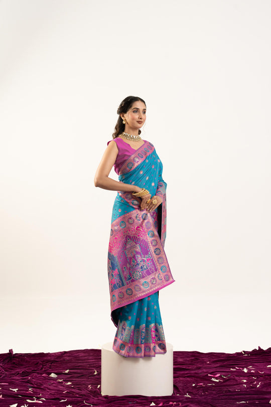 Turquoise Banarasi Pashmina Soft Silk Zari Woven Saree with Blouse