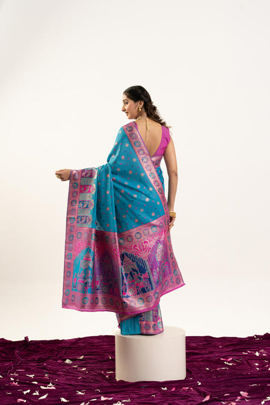 Turquoise Banarasi Pashmina Soft Silk Zari Woven Saree with Blouse