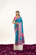 Turquoise Banarasi Pashmina Soft Silk Zari Woven Saree with Blouse