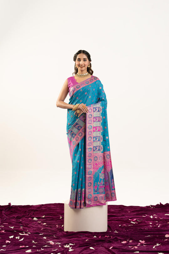Turquoise Banarasi Pashmina Soft Silk Zari Woven Saree with Blouse