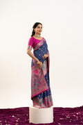 Navy Blue Banarasi Pashmina Soft Silk Zari Woven Saree with Blouse