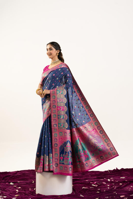 Navy Blue Banarasi Pashmina Soft Silk Zari Woven Saree with Blouse