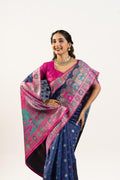 Navy Blue Banarasi Pashmina Soft Silk Zari Woven Saree with Blouse