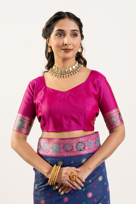 Navy Blue Banarasi Pashmina Soft Silk Zari Woven Saree with Blouse