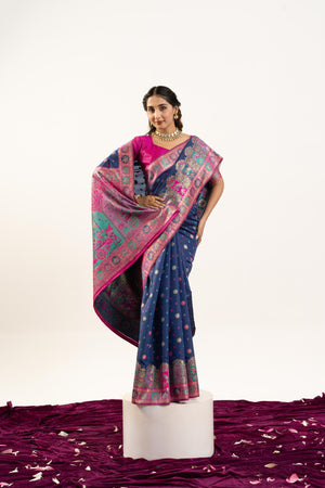 Navy Blue Banarasi Pashmina Soft Silk Zari Woven Saree with Blouse