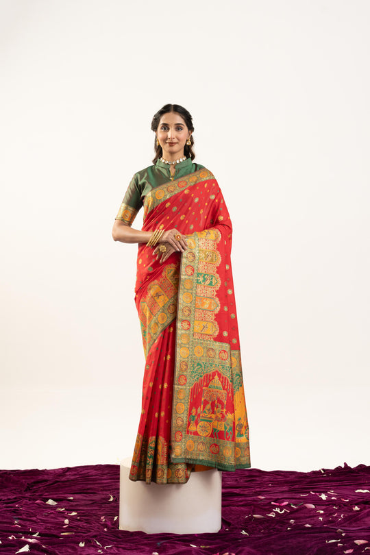 Red Banarasi Pashmina Soft Silk Zari Woven Saree with Blouse
