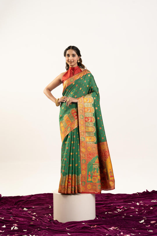 Green Banarasi Pashmina Soft Silk Zari Woven Saree with Blouse