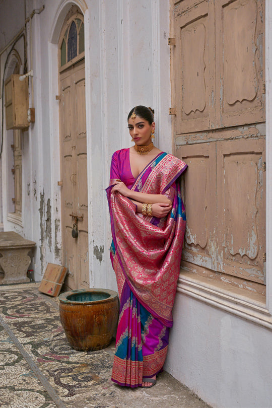 Multicolor Banarasi Silk Zari Woven Saree with Blouse