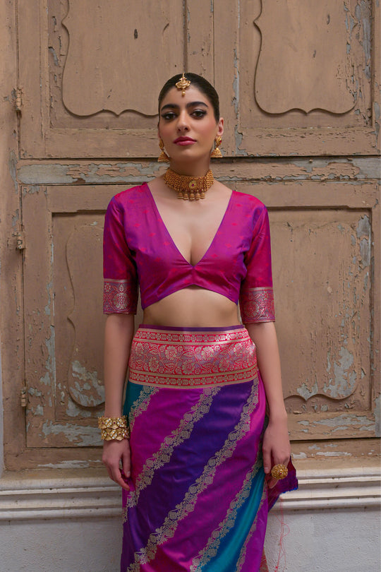 Multicolor Banarasi Silk Zari Woven Saree with Blouse