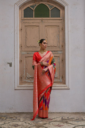 Multicolor Banarasi Silk Zari Woven Saree with Blouse
