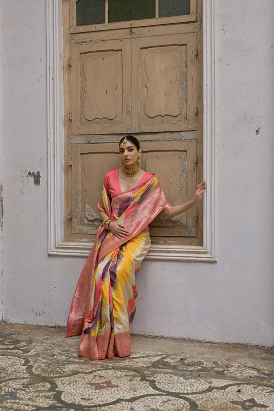 Multicolor Banarasi Silk Zari Woven Saree with Blouse