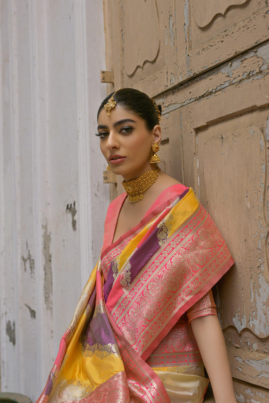 Multicolor Banarasi Silk Zari Woven Saree with Blouse