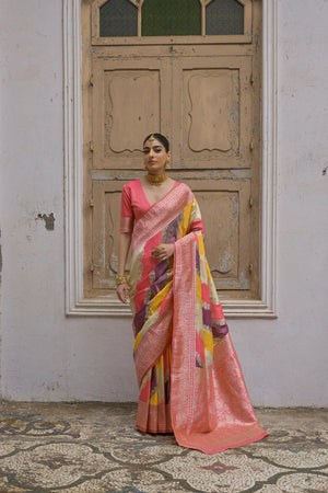 Multicolor Banarasi Silk Zari Woven Saree with Blouse