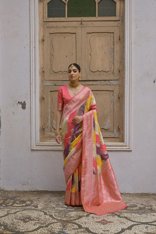 Multicolor Banarasi Silk Zari Woven Saree with Blouse