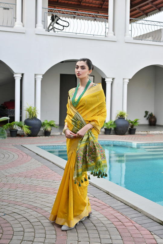 Yellow Khadi Raw Silk Meena Weaving Patola Saree with Blouse