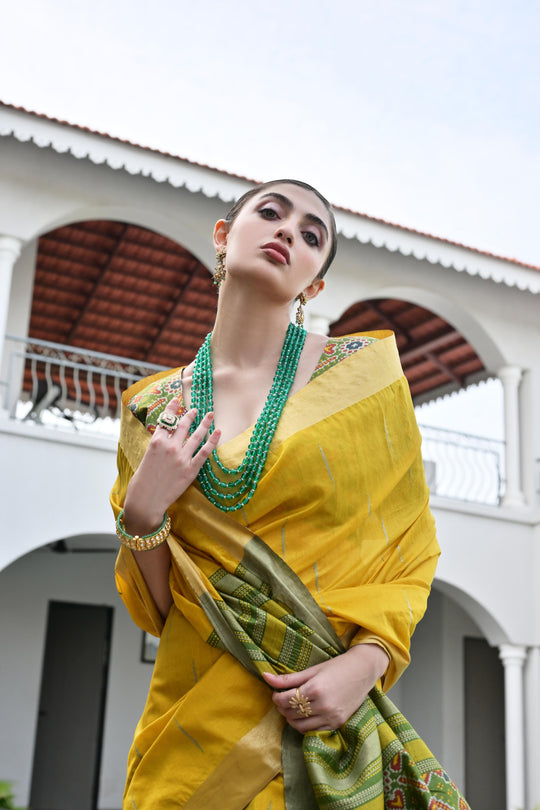 Yellow Khadi Raw Silk Meena Weaving Patola Saree with Blouse
