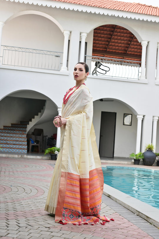 Off White Khadi Raw Silk Meena Weaving Patola Saree with Blouse