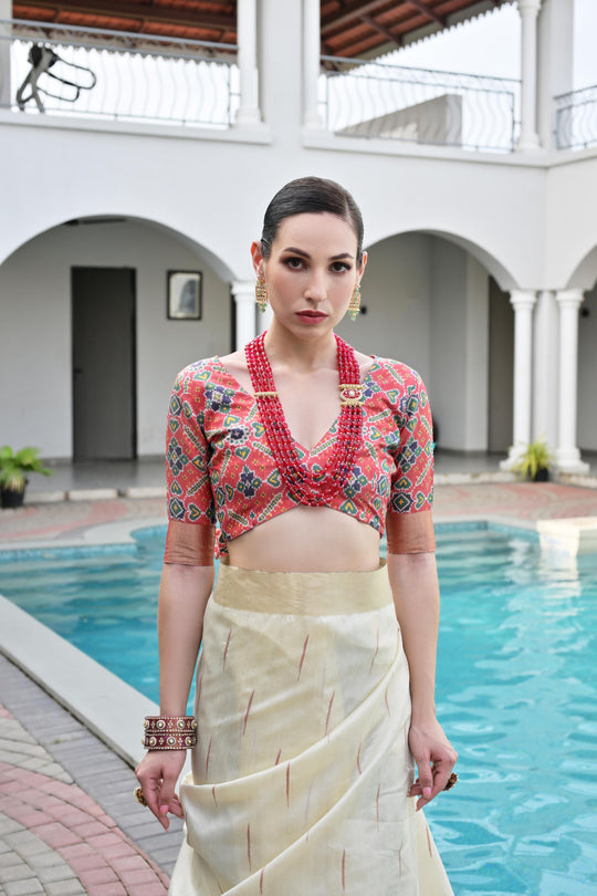 Off White Khadi Raw Silk Meena Weaving Patola Saree with Blouse