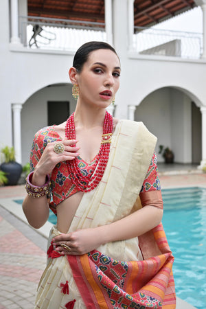Off White Khadi Raw Silk Meena Weaving Patola Saree with Blouse