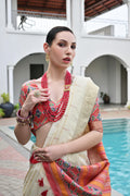 Off White Khadi Raw Silk Meena Weaving Patola Saree with Blouse