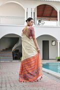 Off White Khadi Raw Silk Meena Weaving Patola Saree with Blouse
