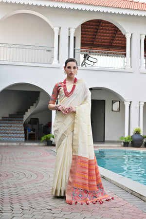 Off White Khadi Raw Silk Meena Weaving Patola Saree with Blouse