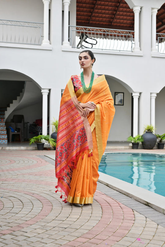 Orange Khadi Raw Silk Meena Weaving Patola Saree with Blouse