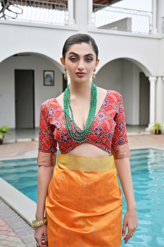 Orange Khadi Raw Silk Meena Weaving Patola Saree with Blouse