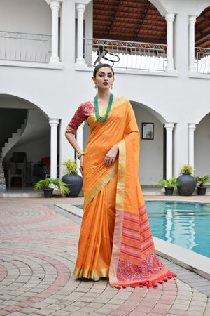Orange Khadi Raw Silk Meena Weaving Patola Saree with Blouse