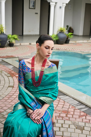 Firozi Khadi Raw Silk Meena Weaving Patola Saree with Blouse