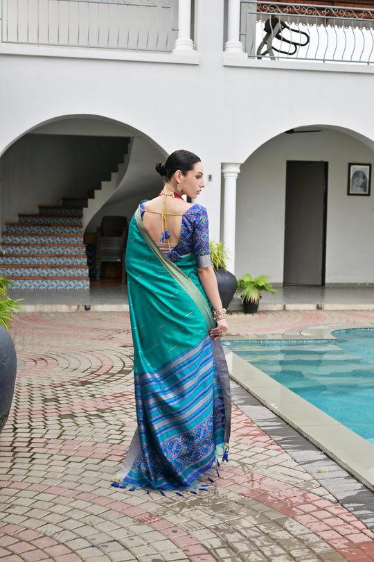 Firozi Khadi Raw Silk Meena Weaving Patola Saree with Blouse