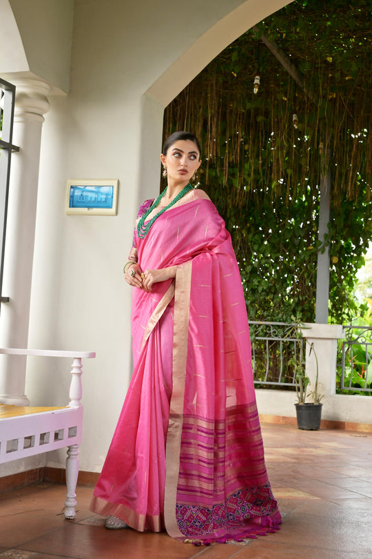 Pink Khadi Raw Silk Meena Weaving Patola Saree with Blouse