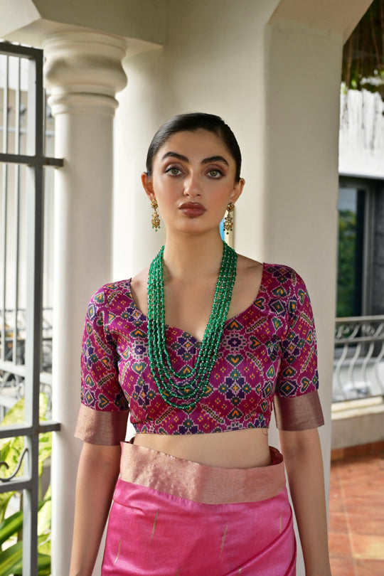 Pink Khadi Raw Silk Meena Weaving Patola Saree with Blouse