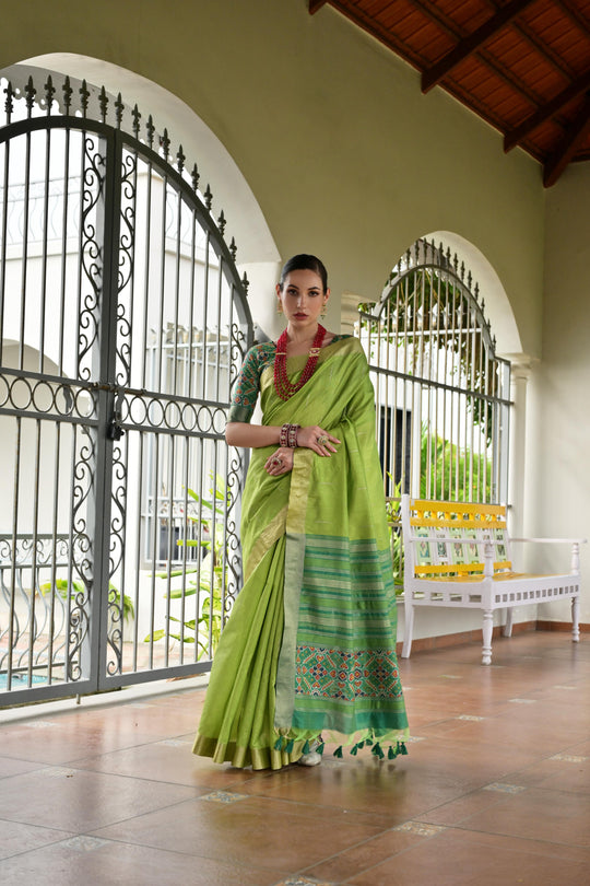 Green Khadi Raw Silk Meena Weaving Patola Saree with Blouse