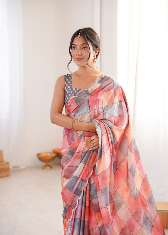 Multicolor Chinon Digital Printed Designer Saree with Blouse